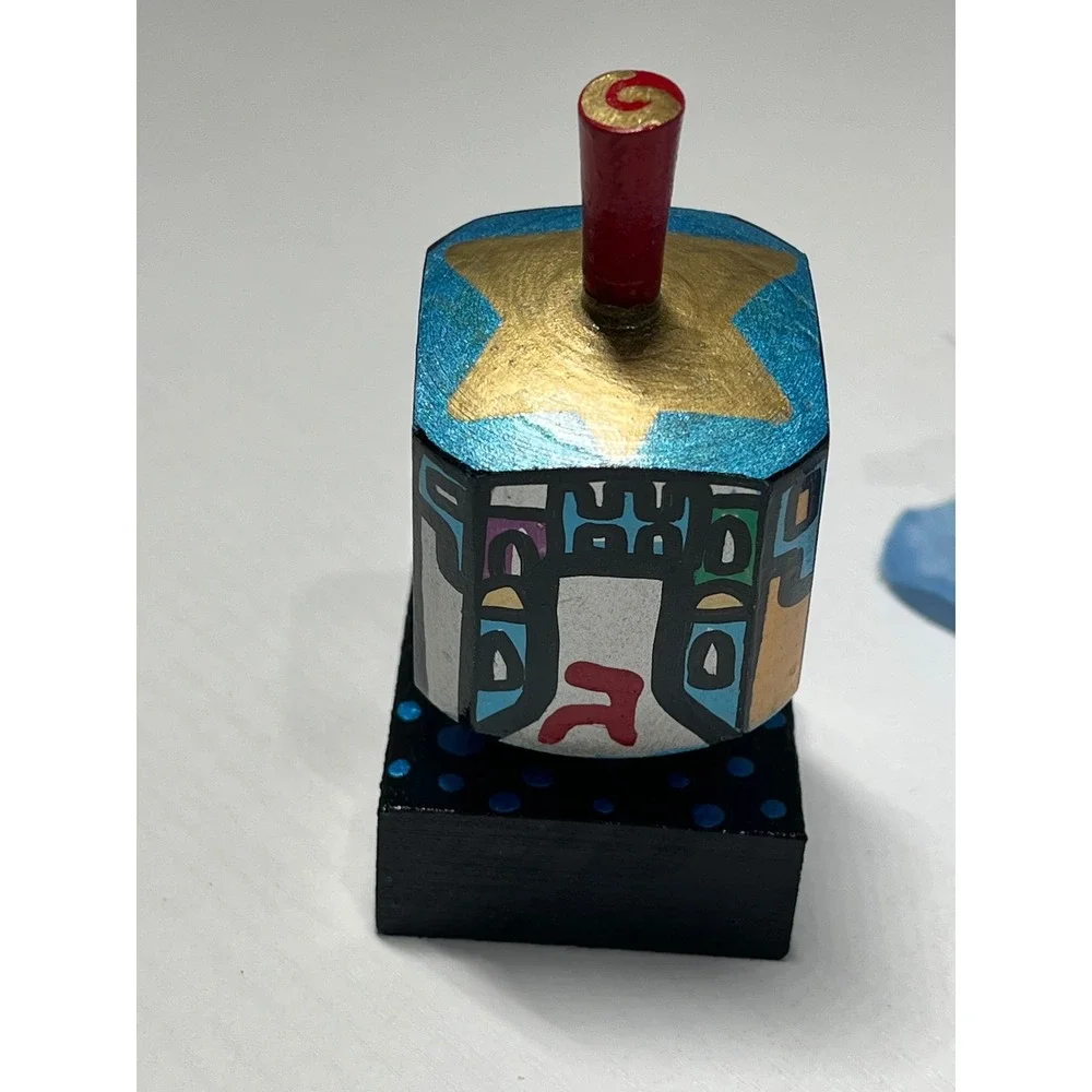 Hand Painted Wooden Dreidel Signed NN Judaica Folk Art Collectible Display Stand